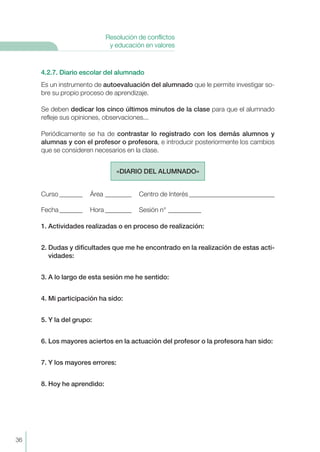 4.2.7. Diario escolar del alumnado
Es un instrumento de autoevaluación del alumnado que le permite investigar so-
bre su propio proceso de aprendizaje.
Se deben dedicar los cinco últimos minutos de la clase para que el alumnado
refleje sus opiniones, observaciones...
Periódicamente se ha de contrastar lo registrado con los demás alumnos y
alumnas y con el profesor o profesora, e introducir posteriormente los cambios
que se consideren necesarios en la clase.
Curso _______ Área ________ Centro de Interés __________________________
Fecha_______ Hora ________ Sesión n° __________
1. Actividades realizadas o en proceso de realización:
2. Dudas y dificultades que me he encontrado en la realización de estas acti-
vidades:
3. A lo largo de esta sesión me he sentido:
4. Mi participación ha sido:
5. Y la del grupo:
6. Los mayores aciertos en la actuación del profesor o la profesora han sido:
7. Y los mayores errores:
8. Hoy he aprendido:
«DIARIO DEL ALUMNADO»
36
Resolución de conflictos
y educación en valores
 