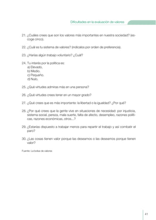 21. ¿Cuáles crees que son los valores más importantes en nuestra sociedad? (es-
coge cinco).
22. ¿Cuál es tu sistema de valores? (indícalos por orden de preferencia).
23. ¿Harías algún trabajo voluntario? ¿Cuál?
24. Tu interés por la política es:
a) Elevado,
b) Medio.
c) Pequeño.
d) Nulo.
25. ¿Qué virtudes admiras más en una persona?
26. ¿Qué virtudes crees tener en un mayor grado?
27. ¿Qué crees que es más importante: la libertad o la igualdad? ¿Por qué?
28. ¿Por qué crees que la gente vive en situaciones de necesidad: por injusticia,
sistema social, pereza, mala suerte, falta de afecto, desempleo, razones políti-
cas, razones económicas, otros...?
29. ¿Estarías dispuesto a trabajar menos para repartir el trabajo y así combatir el
paro?
30. ¿Las cosas tienen valor porque las deseamos o las deseamos porque tienen
valor?
Fuente: La bolsa de valores
41
Dificultades en la evaluación de valores
 