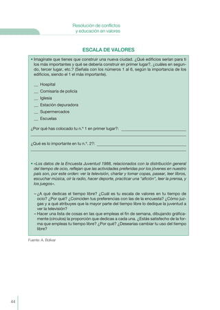 44
Resolución de conflictos
y educación en valores
ESCALA DE VALORES
Fuente: A. Bolívar
• Imagínate que tienes que construir una nueva ciudad. ¿Qué edificios serían para ti
los más importantes y qué se debería construir en primer lugar?, ¿cuáles en segun-
do, tercer lugar, etc.? (Señala con los números 1 al 6, según la importancia de los
edificios, siendo el 1 el más importante).
__ Hospital
__ Comisaría de policía
__ Iglesia
__ Estación depuradora
__ Supermercados
__ Escuelas
¿Por qué has colocado tu n.º 1 en primer lugar?:
¿Qué es lo importante en tu n.º. 2?:
• «Los datos de la Encuesta Juventud 1988, relacionados con la distribución general
del tiempo de ocio, reflejan que las actividades preferidas por los jóvenes en nuestro
país son, por este orden: ver la televisión, charlar y tomar copas, pasear, leer libros,
escuchar música, oír la radio, hacer deporte, practicar una "afición", leer la prensa, y
los juegos».
– ¿A qué dedicas el tiempo libre? ¿Cuál es tu escala de valores en tu tiempo de
ocio? ¿Por qué? ¿Coinciden tus preferencias con las de la encuesta? ¿Cómo juz-
gas y a qué atribuyes que la mayor parte del tiempo libre lo dedique la juventud a
ver la televisión?
– Hacer una lista de cosas en las que empleas el fin de semana, dibujando gráfica-
mente (círculos) la proporción que dedicas a cada una. ¿Estás satisfecho de la for-
ma que empleas tu tiempo libre? ¿Por qué? ¿Desearías cambiar tu uso del tiempo
libre?
 