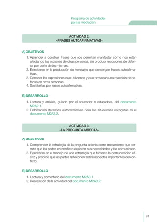 A) OBJETIVOS
1. Aprender a construir frases que nos permitan manifestar cómo nos están
afectando las acciones de otras personas, sin producir reacciones de defen-
sa por parte de las mismas.
2. Ejercitarse en la producción de mensajes que contengan frases autoafirma-
tivas.
3. Conocer las expresiones que utilizamos y que provocan una reacción de de-
fensa en otras personas.
4. Sustituirlas por frases autoafirmativas.
B) DESARROLLO
1. Lectura y análisis, guiado por el educador o educadora, del documento
M2A2.1.
2. Elaboración de frases autoafirmativas para las situaciones recogidas en el
documento M2A2.2.
A) OBJETIVOS
1. Comprender la estrategia de la pregunta abierta como mecanismo que per-
mite que las partes en conflicto exploren sus necesidades y las comuniquen.
2. Ejercitarse en el manejo de una estrategia que fomente la comunicación efi-
caz y propicie que las partes reflexionen sobre aspectos importantes del con-
flicto.
B) DESARROLLO
1. Lectura y comentario del documento M2A3.1.
2. Realización de la actividad del documento M2A3.2.
ACTIVIDAD 3.
«LA PREGUNTA ABIERTA»
ACTIVIDAD 2.
«FRASES AUTOAFIRMATIVAS»
91
Programa de actividades
para la mediación
 