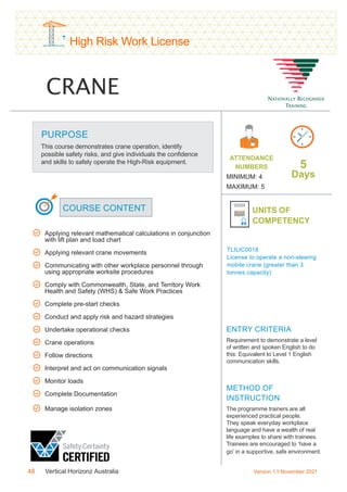 Example High Risk Work License Workplace Health and Safety Courses by Vertical Horizonz Australia | PDF