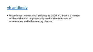 vh antibody
• Recombinant monoclonal antibody to CD70. VL-8-VH is a human
antibody that can be potentially used in the treatment of
autoimmune and inflammatory disease.
 