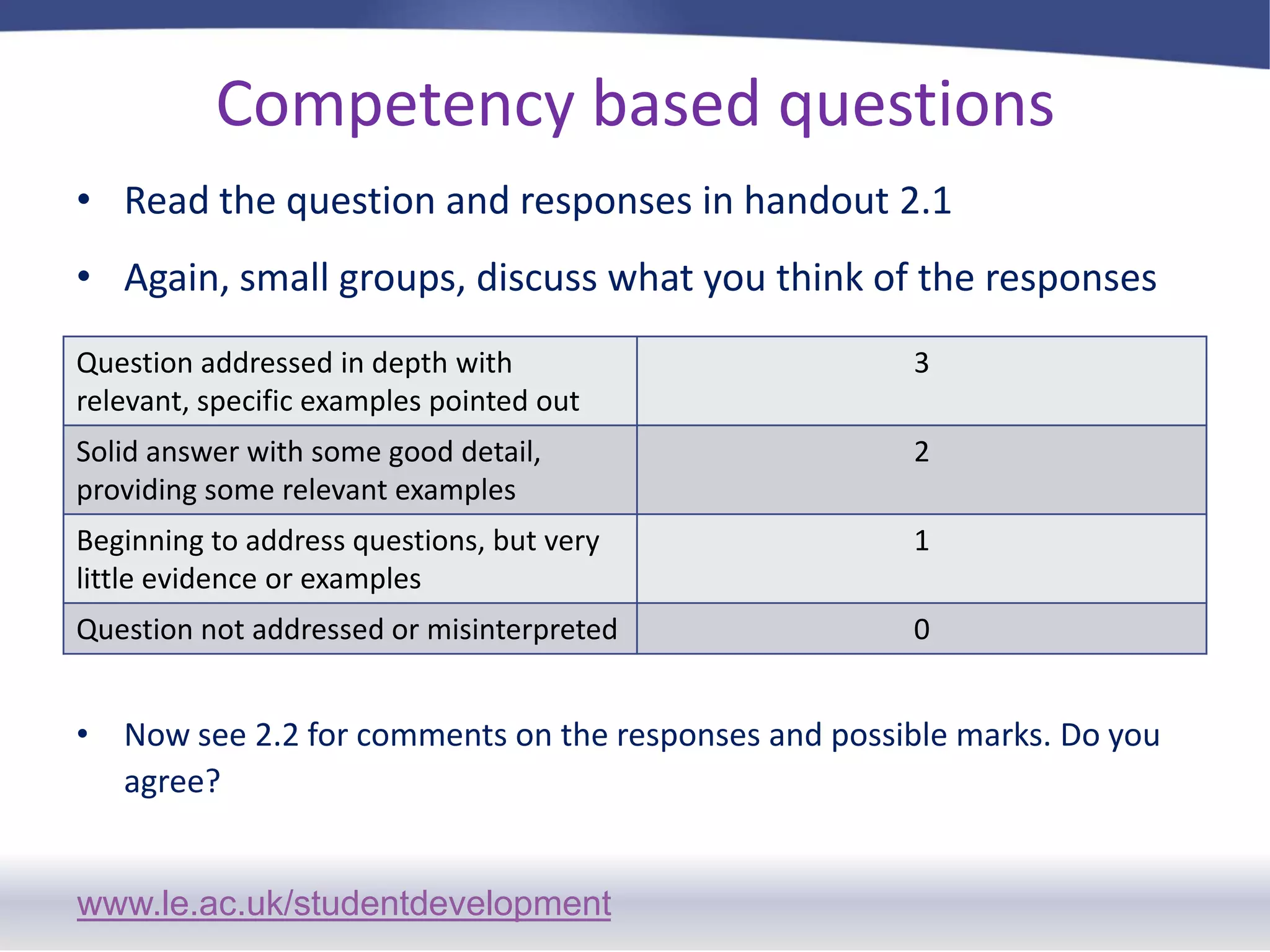 Competency based questionsRead the question and responses in handout 2.1Again, small groups, discuss what you think of the responsesNow see 2.2 for comments on the responses and possible marks. Do you agree? 