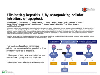  Al igual que las células cancerosas,
células que están infectadas con ciertos virus
pueden escapar de la apoptosis.
 Birinapant posee capacidad potencial para
inhibir las IAP y bloquear esta supresión
 Birinapant mejora la eficacia de entecavir.
 