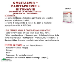 OMBITASVIR +
PARITAPREVIR +
RITONAVIR
(INHIBIDOR DE LA POLIMERASA NS5A +
INHIBIDOR DE LA PROTEASA)
POSOLOGÍA
Los comprimidos se administran por vía oral y no se deben
masticar, machacar o disolver.
Se toma 2 comprimido 1 vez al día (por la mañana)
acompañado CON ALIMENTOS.
¿QUÉ DEBERÍA HACER SI OLVIDO TOMAR UNA DOSIS?
- Debe tomar la dosis omitida en un plazo de 12 horas.
-Si han pasado más de 12 horas después de la hora habitual de la
toma de Ombitasvir + Paritaprevir + Ritonavir, NO debe tomar la
dosis omitida y debe reanudar la toma a la hora habitual prevista.
EFECTOS ADVERSOS Los más frecuentes son:
- Cansancio intenso (fatiga)
- Náuseas
- Picor
- Trastornos del sueño (insomnio)
- Sensación de debilidad o falta de energía (astenia).
 