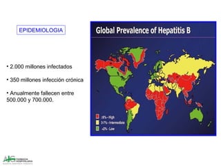 • 2.000 millones infectados
• 350 millones infección crónica
• Anualmente fallecen entre
500.000 y 700.000.
EPIDEMIOLOGIA
 