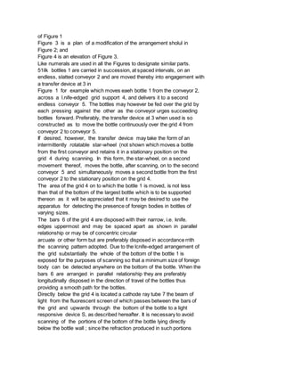 of Figure 1
Figure 3 is a plan of a modification of the arrangement sholul in
Figure 2; and
Figure 4 is an elevation of Figure 3.
Like numerals are used in all the Figures to designate similar parts.
51ilk bottles 1 are carried in succession, at spaced intervals, on an
endless, slatted conveyor 2 and are moved thereby into engagement with
a transfer device at 3 in
Figure 1 for example which moves eaeh bottle 1 from the conveyor 2,
across a l.nife-edged grid support 4, and delivers it to a second
endless conveyor 5. The bottles may however be fed over the grid by
each pressing against the other as the conveyor urges succeeding
bottles forward. Preferably, the transfer device at 3 when used is so
constructed as to move the bottle continuously over the grid 4 from
conveyor 2 to conveyor 5.
If desired, however, the transfer device may take the form of an
intermittently rotatable star-wheel (not shown which moves a bottle
from the first conveyor and retains it in a stationary position on the
grid 4 during scanning. In this form, the star-wheel, on a second
movement thereof, moves the bottle, after scanning, on to the second
conveyor 5 and simultaneously moves a second bottle from the first
conveyor 2 to the stationary position on the grid 4.
The area of the grid 4 on to which the bottle 1 is moved, is not less
than that of the bottom of the largest bottle which is to be supported
thereon as it will be appreciated that it may be desired to use the
apparatus for detecting the presence of foreign bodies in bottles of
varying sizes.
The bars 6 of the grid 4 are disposed with their narrow, i.e. knife.
edges uppermost and may be spaced apart as shown in parallel
relationship or may be of concentric circular
arcuate or other form but are preferably disposed in accordance rrith
the scanning pattern adopted. Due to the lcnife-edged arrangement of
the grid substantially the whole of the bottom of the bottle 1 is
exposed for the purposes of scanning so that a minimum size of foreign
body can be detected anywhere on the bottom of the bottle. When the
bars 6 are arranged in parallel relationship they are preferably
longitudinally disposed in the direction of travel of the bottles thus
providing a smooth path for the bottles.
Directly below the grid 4 is located a cathode ray tube 7 the beam of
light from the fluorescent screen of which passes between the bars of
the grid and upwards through the bottom of the bottle to a light
responsive device S, as described hereafter. It is necessary to avoid
scanning of the portions of the bottom of the bottle lying directly
below the bottle wall ; since the refraction produced in such portions
 