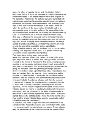 gives the effect of opacity therein and the effect on the light
responsive device S would be as though a foreign body were on the
bottom of the bottle 1, and a false indication lvould thus be given by
the apparatus. Accordingly the cathode ray tube 7 is provided with
control means (not shown) to adjust the size of the scanning field and
ensure that the scanning carried out therewith shall be limited to the
area of the inner surface of the bottom of the bottle 1 which lies
within the confines of the inner surface of the bottle wall, or a
corresponding area of the outer surface of the bottom of the bottle.
Such control means also enables the scanning field of the cathode ray
tube 7 to be adjusted at will to deal with bottles of different sizes.
One way of effecting the aforesaid control of the scanning is to
employ a rotary electromagnetic field in association with the cathode
ray tube 7, so that by varying within predetermined limits the voltage
applied to produce such field, a spiral scanning pattern is produced
of whidi the area is that required for a given size of bottle.
Other scanning patterns may be employed, e.g. a zig-zag pattern
covering the required circular area, or a pattern comprising
suecessive circular areas of increasing radius.
That stated above is given as an example onlv.
Above the open end of the bottle 1 when it is on the grid + is the
light responsive device S, lvhieh alay be supported on standards
secured to the frame of the machine. This device, which preferably
consists of a photo-eleetne cell, is connected through an amplifier 9
with selector meehanisms (not shown) adapted to operate means for
giving an indication vfhen the light falling on the light sensitive
device 8 is reduced below a predetermined value. This indication may
take any desired form; for example, it may consist of an audible
indicator or a light indicator, or it may take the form of mechanism
operative, after the bottle has been delivered to the second conveyor
5, to eject the bottle 1 containing a foreign body from the conveyor.
It is preferred to operate the scanning system continuously, in order
to avoid lack of stability due to rapid switching on and off of the
apparatus, and to operate the photo-electric cell 8 and associated
indicator device by means of a suitably located switch (not shown)
co-operating with the movement of the bottle, so that the cell 4 is
responsive to the scanning system only when a bottle 1 is properly
aligned between the cathode ray tube 7 and the photo-electric cell 8,
thus avoiding a false indication being given by scanning the wall of
the bottle adjacent the base thereof.
In operation, the beam of light from the fluorescent screen of the
cathode ray tube 7 scans the required area of the bottom of the bottle
1 in accordance with the selected scanning pattern. Should a foreign
body be encountered on the bottom of the bottle the quantity of light
 