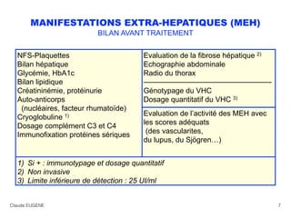 MANIFESTATIONS EXTRA-HEPATIQUES (MEH)
BILAN AVANT TRAITEMENT
.
Claude EUGENE 7
NFS-Plaquettes
Bilan hépatique
Glycémie, Hb...
