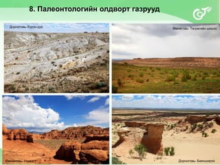 8. Палеонтологийн олдворт газрууд
Дорноговь-Хүрэн дух Өмнөговь- Төгрөгийн ширээ
Өмнөговь- Нэмэгт Дорноговь- Баянширээ
 