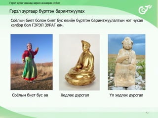 Гэрэл зургаар бүртгэн баримтжуулах
42
Гэрэл зураг авахад зарим анхаарах зүйлс
Соёлын биет бус өв
Соёлын биет болон биет бус өвийн бүртгэн баримтжуулалтын нэг чухал
хэлбэр бол ГЭРЭЛ ЗУРАГ юм.
Хөдлөх дурсгал Үл хөдлөх дурсгал
 