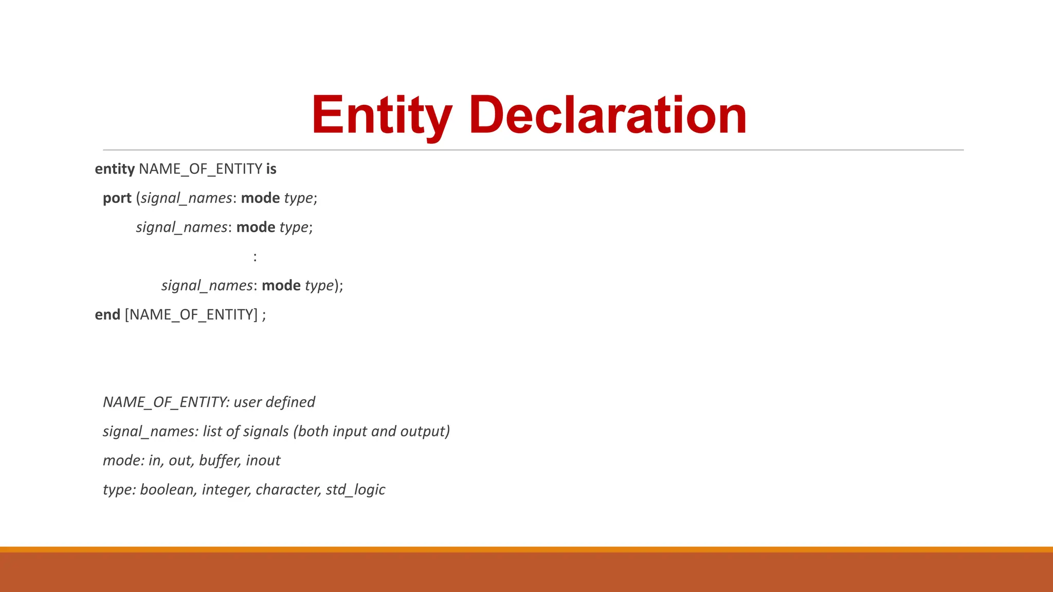 Entity Declaration
entity NAME_OF_ENTITY is
port (signal_names: mode type;
signal_names: mode type;
:
signal_names: mode type);
end [NAME_OF_ENTITY] ;
NAME_OF_ENTITY: user defined
signal_names: list of signals (both input and output)
mode: in, out, buffer, inout
type: boolean, integer, character, std_logic
 