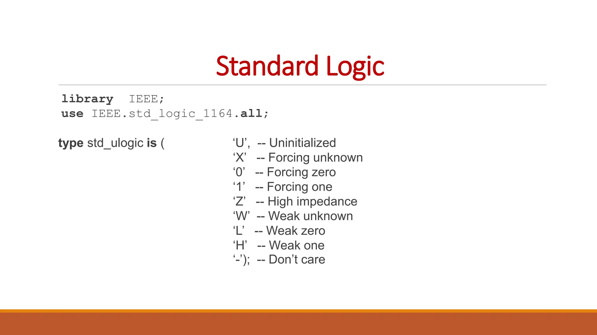 Standard Logic
library IEEE;
use IEEE.std_logic_1164.all;
type std_ulogic is ( ‘U’, -- Uninitialized
‘X’ -- Forcing unknown
‘0’ -- Forcing zero
‘1’ -- Forcing one
‘Z’ -- High impedance
‘W’ -- Weak unknown
‘L’ -- Weak zero
‘H’ -- Weak one
‘-’); -- Don’t care
 