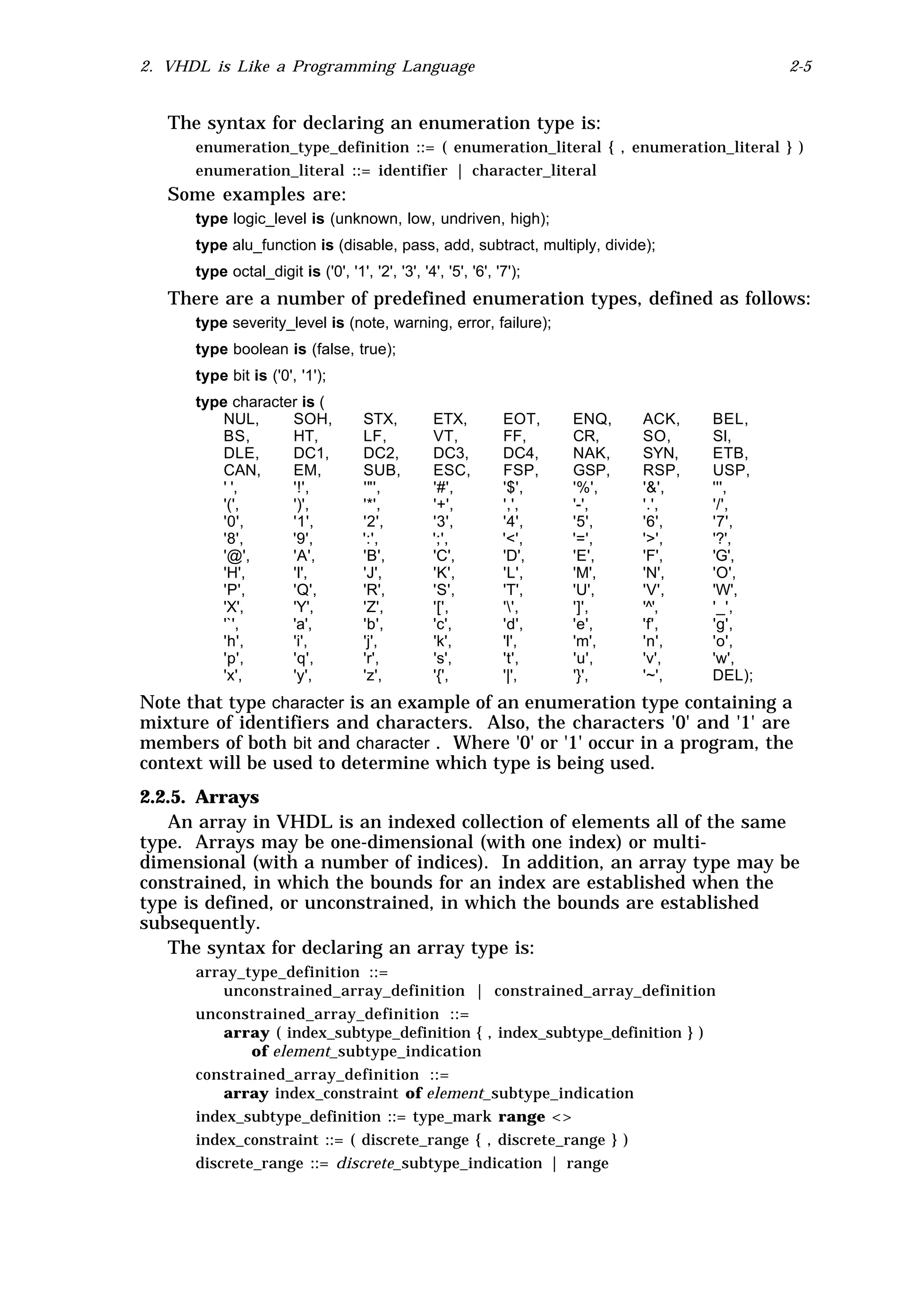 2. VHDL is Like a Programming Language                                                      2-5


   The syntax for declaring an enumeration type is:
      enumeration_type_definition ::= ( enumeration_literal { , enumeration_literal } )
      enumeration_literal ::= identifier | character_literal
   Some examples are:
      type logic_level is (unknown, low, undriven, high);
      type alu_function is (disable, pass, add, subtract, multiply, divide);
      type octal_digit is ('0', '1', '2', '3', '4', '5', '6', '7');
   There are a number of predefined enumeration types, defined as follows:
      type severity_level is (note, warning, error, failure);
      type boolean is (false, true);
      type bit is ('0', '1');
      type character is (
          NUL,     SOH,              STX,         ETX,         EOT,   ENQ,   ACK,   BEL,
          BS,      HT,               LF,          VT,          FF,    CR,    SO,    SI,
          DLE,     DC1,              DC2,         DC3,         DC4,   NAK,   SYN,   ETB,
          CAN,     EM,               SUB,         ESC,         FSP,   GSP,   RSP,   USP,
          ' ',     '!',              '"',         '#',         '$',   '%',   '&',   ''',
          '(',     ')',              '*',         '+',         ',',   '-',   '.',   '/',
          '0',     '1',              '2',         '3',         '4',   '5',   '6',   '7',
          '8',     '9',              ':',         ';',         '<',   '=',   '>',   '?',
          '@',     'A',              'B',         'C',         'D',   'E',   'F',   'G',
          'H',     'I',              'J',         'K',         'L',   'M',   'N',   'O',
          'P',     'Q',              'R',         'S',         'T',   'U',   'V',   'W',
          'X',     'Y',              'Z',         '[',         '',   ']',   '^',   '_',
          '`',     'a',              'b',         'c',         'd',   'e',   'f',   'g',
          'h',     'i',              'j',         'k',         'l',   'm',   'n',   'o',
          'p',     'q',              'r',         's',         't',   'u',   'v',   'w',
          'x',     'y',              'z',         '{',         '|',   '}',   '~',   DEL);
Note that type character is an example of an enumeration type containing a
mixture of identifiers and characters. Also, the characters '0' and '1' are
members of both bit and character . Where '0' or '1' occur in a program, the
context will be used to determine which type is being used.
2.2.5. Arrays
   An array in VHDL is an indexed collection of elements all of the same
type. Arrays may be one-dimensional (with one index) or multi-
dimensional (with a number of indices). In addition, an array type may be
constrained, in which the bounds for an index are established when the
type is defined, or unconstrained, in which the bounds are established
subsequently.
   The syntax for declaring an array type is:
      array_type_definition ::=
          unconstrained_array_definition | constrained_array_definition
      unconstrained_array_definition ::=
          array ( index_subtype_definition { , index_subtype_definition } )
              of element_subtype_indication
      constrained_array_definition ::=
          array index_constraint of element_subtype_indication
      index_subtype_definition ::= type_mark range <>
      index_constraint ::= ( discrete_range { , discrete_range } )
      discrete_range ::= discrete_subtype_indication | range
 