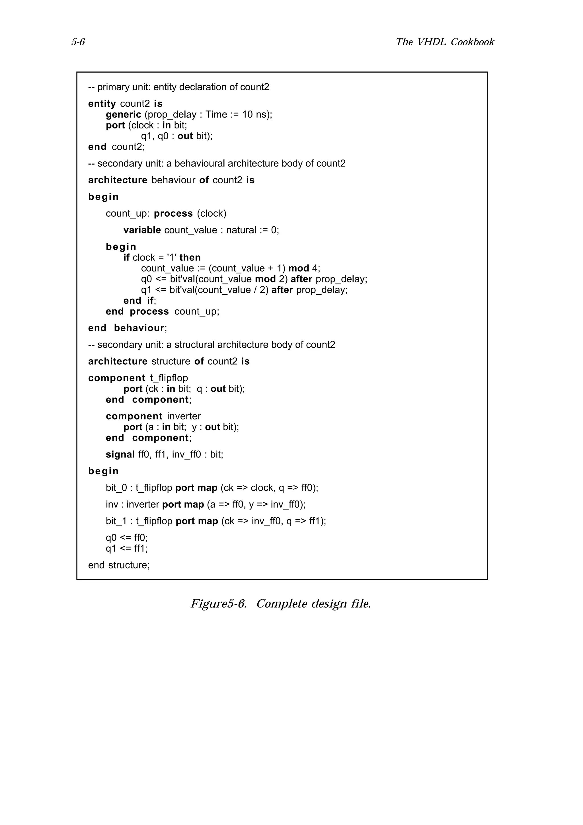 5-6                                                                    The VHDL Cookbook



      -- primary unit: entity declaration of count2
      entity count2 is
          generic (prop_delay : Time := 10 ns);
          port (clock : in bit;
                  q1, q0 : out bit);
      end count2;
      -- secondary unit: a behavioural architecture body of count2
      architecture behaviour of count2 is
      begin
          count_up: process (clock)
              variable count_value : natural := 0;
          begin
             if clock = '1' then
                  count_value := (count_value + 1) mod 4;
                  q0 <= bit'val(count_value mod 2) after prop_delay;
                  q1 <= bit'val(count_value / 2) after prop_delay;
             end if;
          end process count_up;
      end behaviour;
      -- secondary unit: a structural architecture body of count2
      architecture structure of count2 is
      component t_flipflop
            port (ck : in bit; q : out bit);
         end component;
          component inverter
             port (a : in bit; y : out bit);
          end component;
          signal ff0, ff1, inv_ff0 : bit;
      begin
          bit_0 : t_flipflop port map (ck => clock, q => ff0);
          inv : inverter port map (a => ff0, y => inv_ff0);
          bit_1 : t_flipflop port map (ck => inv_ff0, q => ff1);
          q0 <= ff0;
          q1 <= ff1;
      end structure;



                                Figure5-6. Complete design file.
 