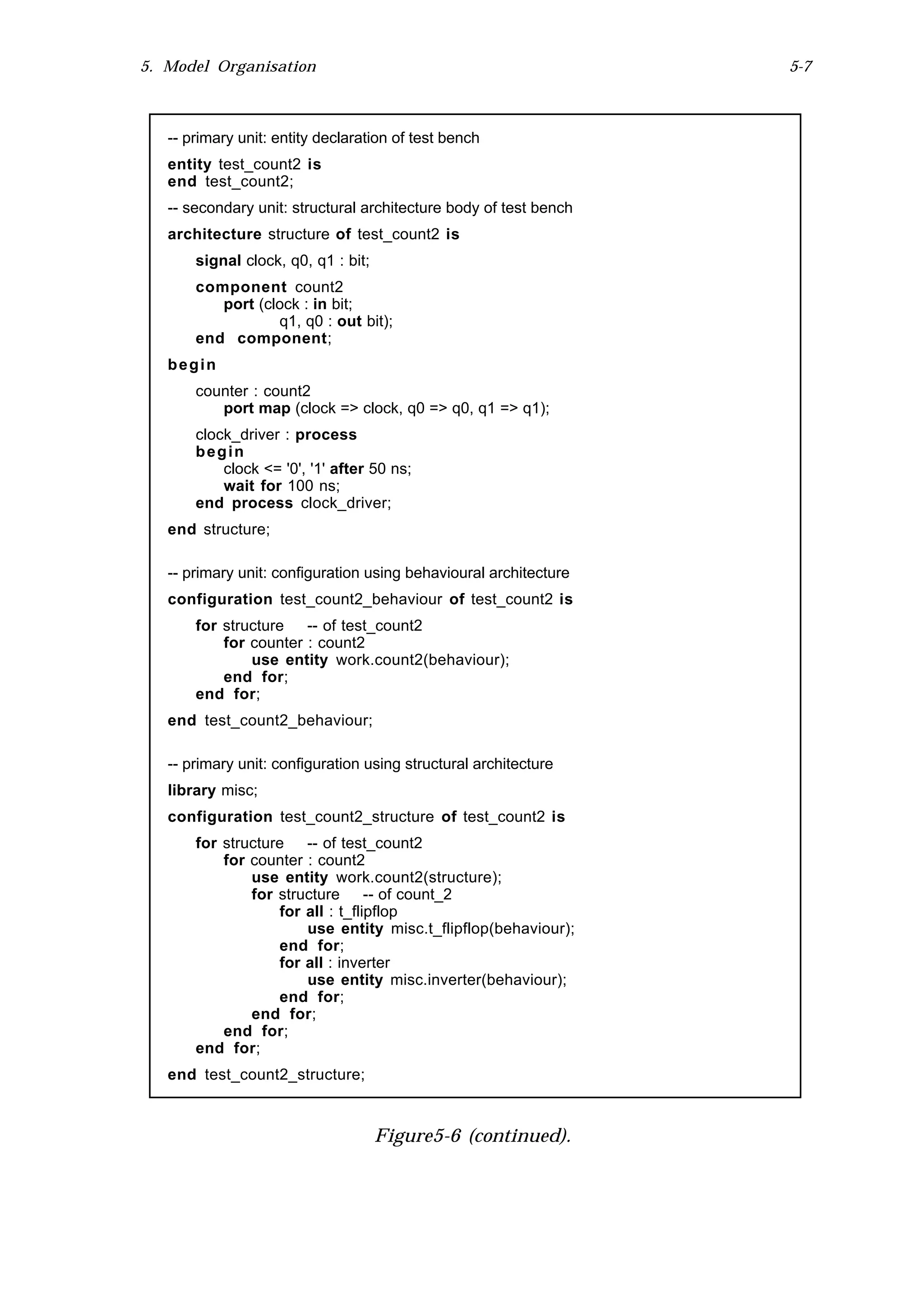 5. Model Organisation                                              5-7



   -- primary unit: entity declaration of test bench
   entity test_count2 is
   end test_count2;
   -- secondary unit: structural architecture body of test bench
   architecture structure of test_count2 is
       signal clock, q0, q1 : bit;
       component count2
          port (clock : in bit;
                  q1, q0 : out bit);
       end component;
   begin
       counter : count2
          port map (clock => clock, q0 => q0, q1 => q1);
       clock_driver : process
       begin
           clock <= '0', '1' after 50 ns;
           wait for 100 ns;
       end process clock_driver;
   end structure;

   -- primary unit: configuration using behavioural architecture
   configuration test_count2_behaviour of test_count2 is
       for structure -- of test_count2
           for counter : count2
               use entity work.count2(behaviour);
           end for;
       end for;
   end test_count2_behaviour;

   -- primary unit: configuration using structural architecture
   library misc;
   configuration test_count2_structure of test_count2 is
       for structure -- of test_count2
           for counter : count2
               use entity work.count2(structure);
               for structure -- of count_2
                   for all : t_flipflop
                       use entity misc.t_flipflop(behaviour);
                   end for;
                   for all : inverter
                       use entity misc.inverter(behaviour);
                   end for;
               end for;
           end for;
       end for;
   end test_count2_structure;



                                     Figure5-6 (continued).
 