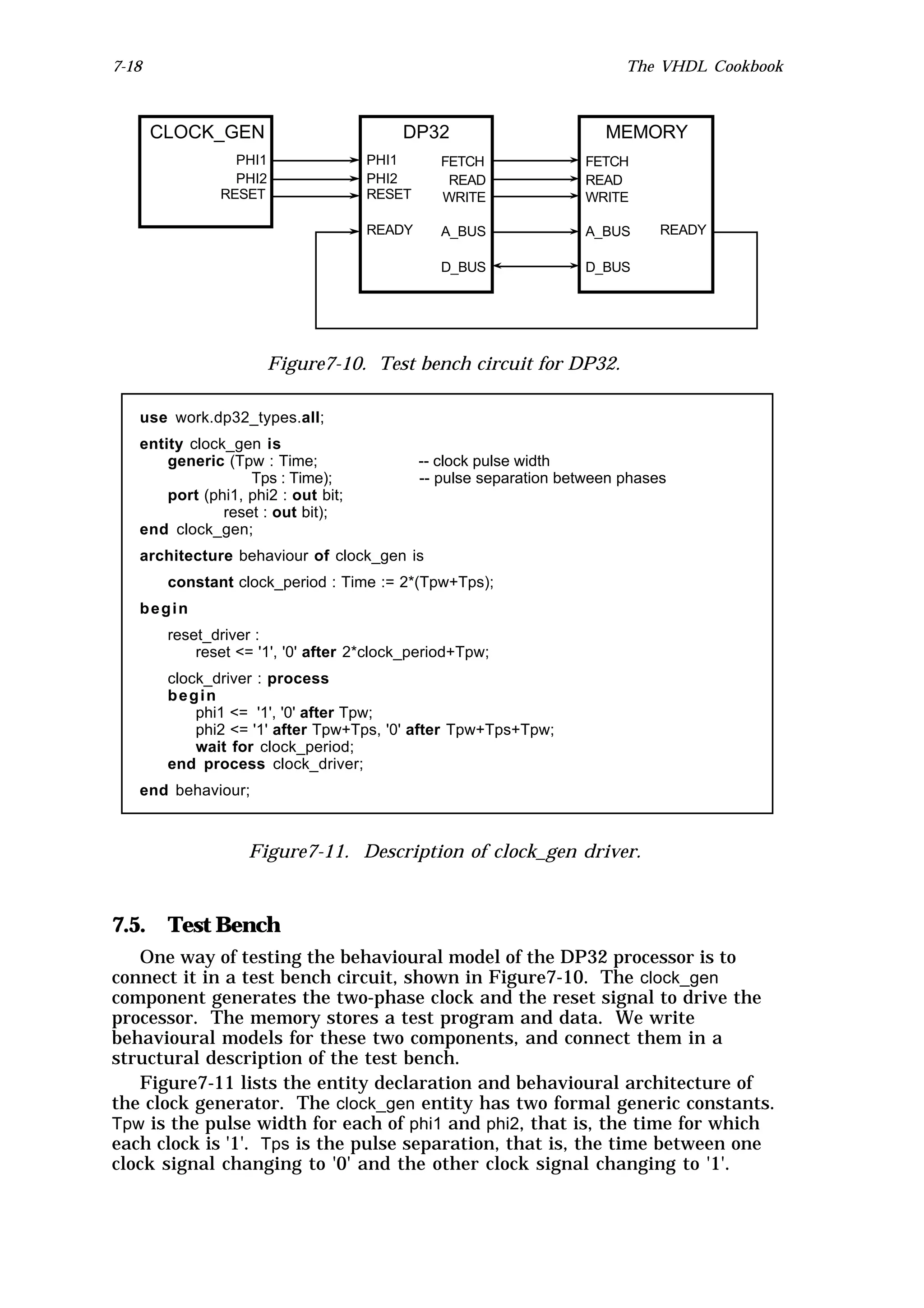 7-18                                                                     The VHDL Cookbook



       CLOCK_GEN                          DP32                        MEMORY
                 PHI1                PHI1       FETCH              FETCH
                 PHI2                PHI2        READ              READ
               RESET                 RESET      WRITE              WRITE

                                     READY      A_BUS              A_BUS      READY

                                                D_BUS              D_BUS




                      Figure7-10. Test bench circuit for DP32.

   use work.dp32_types.all;
   entity clock_gen is
       generic (Tpw : Time;                  -- clock pulse width
                   Tps : Time);              -- pulse separation between phases
       port (phi1, phi2 : out bit;
               reset : out bit);
   end clock_gen;
   architecture behaviour of clock_gen is
        constant clock_period : Time := 2*(Tpw+Tps);
   begin
        reset_driver :
            reset <= '1', '0' after 2*clock_period+Tpw;
        clock_driver : process
        begin
            phi1 <= '1', '0' after Tpw;
            phi2 <= '1' after Tpw+Tps, '0' after Tpw+Tps+Tpw;
            wait for clock_period;
        end process clock_driver;
   end behaviour;



                   Figure7-11. Description of clock_gen driver.



7.5. Test Bench
   One way of testing the behavioural model of the DP32 processor is to
connect it in a test bench circuit, shown in Figure7-10. The clock_gen
component generates the two-phase clock and the reset signal to drive the
processor. The memory stores a test program and data. We write
behavioural models for these two components, and connect them in a
structural description of the test bench.
   Figure7-11 lists the entity declaration and behavioural architecture of
the clock generator. The clock_gen entity has two formal generic constants.
Tpw is the pulse width for each of phi1 and phi2, that is, the time for which
each clock is '1'. Tps is the pulse separation, that is, the time between one
clock signal changing to '0' and the other clock signal changing to '1'.
 