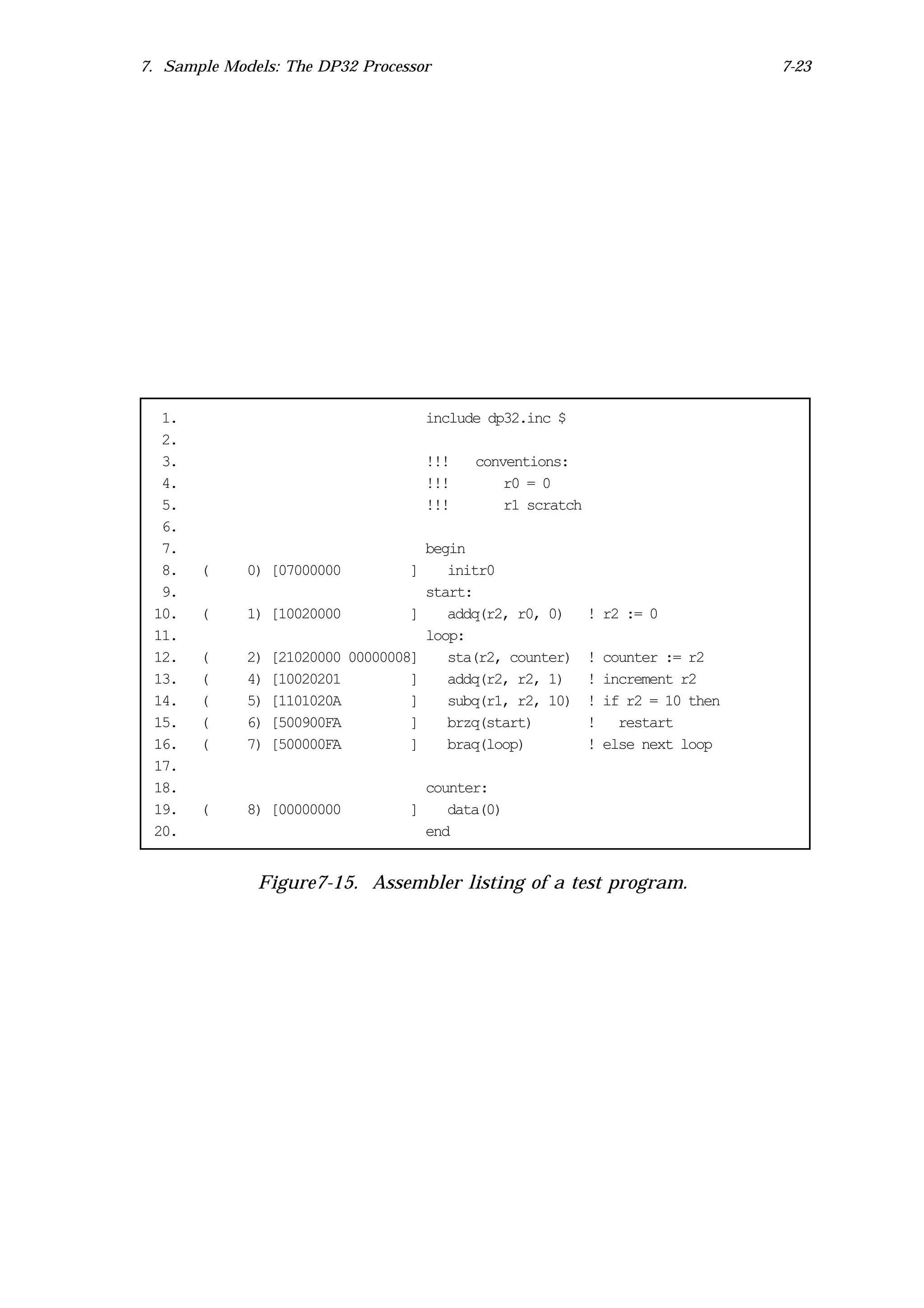 7. Sample Models: The DP32 Processor                                                 7-23




  1.                                    include dp32.inc $
  2.
  3.                                    !!!   conventions:
  4.                                    !!!       r0 = 0
  5.                                    !!!       r1 scratch
  6.
  7.                                    begin
  8.   (     0) [07000000          ]       initr0
  9.                                    start:
 10.   (     1) [10020000          ]       addq(r2, r0, 0)     ! r2 := 0
 11.                                    loop:
 12.   (     2)   [21020000 00000008]      sta(r2, counter)    !   counter := r2
 13.   (     4)   [10020201         ]      addq(r2, r2, 1)     !   increment r2
 14.   (     5)   [1101020A         ]      subq(r1, r2, 10)    !   if r2 = 10 then
 15.   (     6)   [500900FA         ]      brzq(start)         !     restart
 16.   (     7)   [500000FA         ]      braq(loop)          !   else next loop
 17.
 18.                                 counter:
 19.   (     8) [00000000          ]    data(0)
 20.                                 end


              Figure7-15. Assembler listing of a test program.
 
