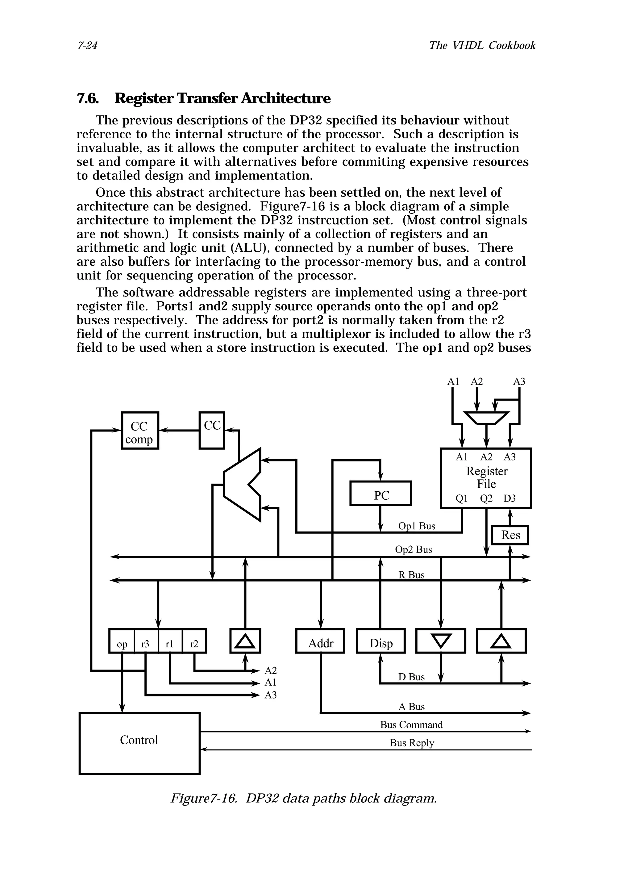 7-24                                                             The VHDL Cookbook




7.6.   Register Transfer Architecture
    The previous descriptions of the DP32 specified its behaviour without
reference to the internal structure of the processor. Such a description is
invaluable, as it allows the computer architect to evaluate the instruction
set and compare it with alternatives before commiting expensive resources
to detailed design and implementation.
    Once this abstract architecture has been settled on, the next level of
architecture can be designed. Figure7-16 is a block diagram of a simple
architecture to implement the DP32 instrcuction set. (Most control signals
are not shown.) It consists mainly of a collection of registers and an
arithmetic and logic unit (ALU), connected by a number of buses. There
are also buffers for interfacing to the processor-memory bus, and a control
unit for sequencing operation of the processor.
    The software addressable registers are implemented using a three-port
register file. Ports1 and2 supply source operands onto the op1 and op2
buses respectively. The address for port2 is normally taken from the r2
field of the current instruction, but a multiplexor is included to allow the r3
field to be used when a store instruction is executed. The op1 and op2 buses

                                                                    A1    A2        A3



         CC                CC
        comp
                                                                     A1    A2   A3
                                                                         Register
                                                                          File
                                                   PC                Q1    Q2   D3

                                                         Op1 Bus
                                                                                Res
                                                         Op2 Bus

                                                         R Bus




       op   r3   r1   r2                Addr      Disp

                                A2
                                                         D Bus
                                A1
                                A3
                                                         A Bus
                                                    Bus Command
       Control                                          Bus Reply




                  Figure7-16. DP32 data paths block diagram.
 