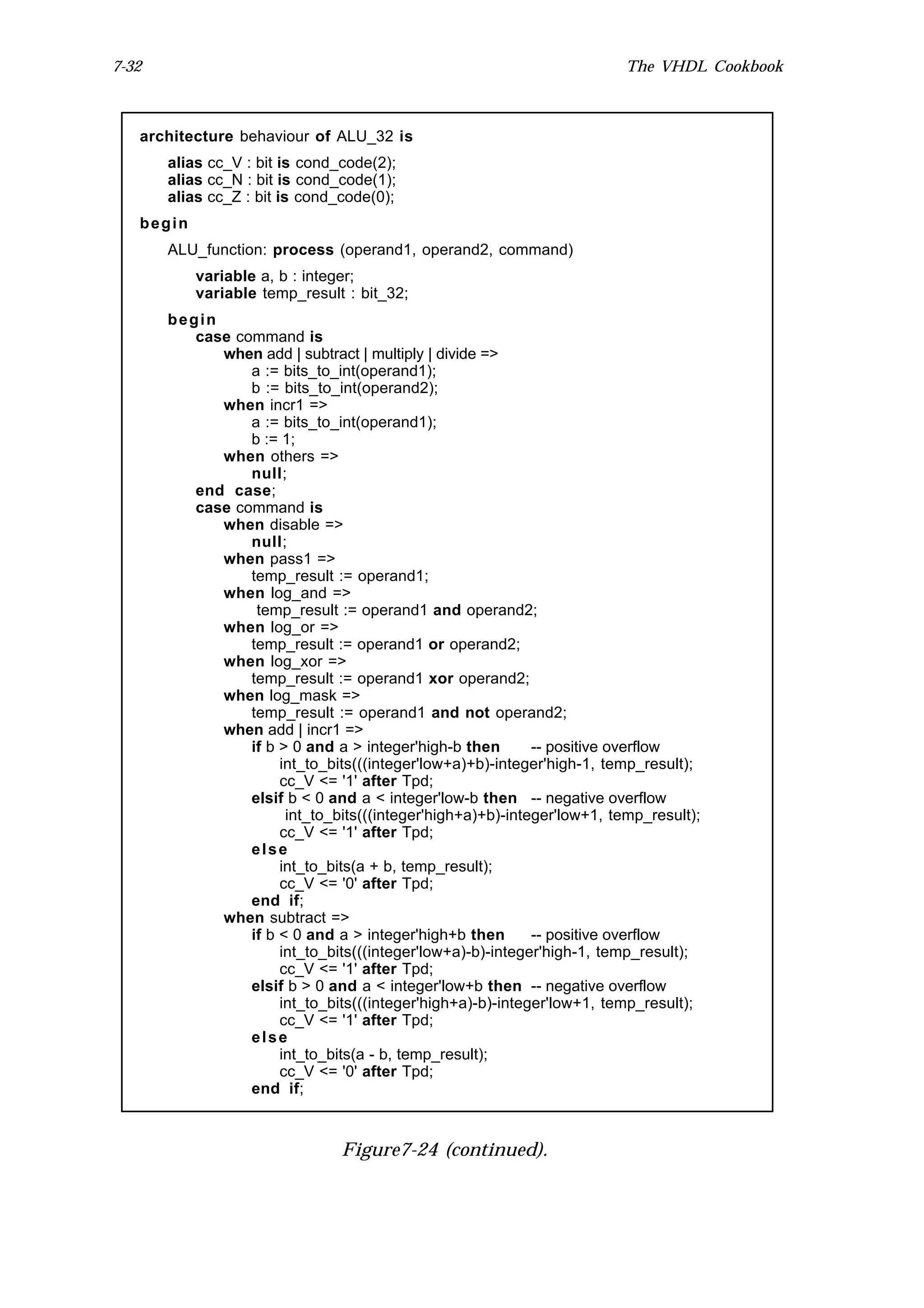 7-32                                                                     The VHDL Cookbook



   architecture behaviour of ALU_32 is
       alias cc_V : bit is cond_code(2);
       alias cc_N : bit is cond_code(1);
       alias cc_Z : bit is cond_code(0);
   begin
       ALU_function: process (operand1, operand2, command)
           variable a, b : integer;
           variable temp_result : bit_32;
       begin
          case command is
             when add | subtract | multiply | divide =>
                 a := bits_to_int(operand1);
                 b := bits_to_int(operand2);
             when incr1 =>
                 a := bits_to_int(operand1);
                 b := 1;
             when others =>
                 null;
          end case;
          case command is
             when disable =>
                 null;
             when pass1 =>
                 temp_result := operand1;
             when log_and =>
                  temp_result := operand1 and operand2;
             when log_or =>
                 temp_result := operand1 or operand2;
             when log_xor =>
                 temp_result := operand1 xor operand2;
             when log_mask =>
                 temp_result := operand1 and not operand2;
             when add | incr1 =>
                 if b > 0 and a > integer'high-b then       -- positive overflow
                      int_to_bits(((integer'low+a)+b)-integer'high-1, temp_result);
                      cc_V <= '1' after Tpd;
                 elsif b < 0 and a < integer'low-b then -- negative overflow
                       int_to_bits(((integer'high+a)+b)-integer'low+1, temp_result);
                      cc_V <= '1' after Tpd;
                 else
                      int_to_bits(a + b, temp_result);
                      cc_V <= '0' after Tpd;
                 end if;
             when subtract =>
                 if b < 0 and a > integer'high+b then       -- positive overflow
                      int_to_bits(((integer'low+a)-b)-integer'high-1, temp_result);
                      cc_V <= '1' after Tpd;
                 elsif b > 0 and a < integer'low+b then -- negative overflow
                      int_to_bits(((integer'high+a)-b)-integer'low+1, temp_result);
                      cc_V <= '1' after Tpd;
                 else
                      int_to_bits(a - b, temp_result);
                      cc_V <= '0' after Tpd;
                 end if;



                                Figure7-24 (continued).
 