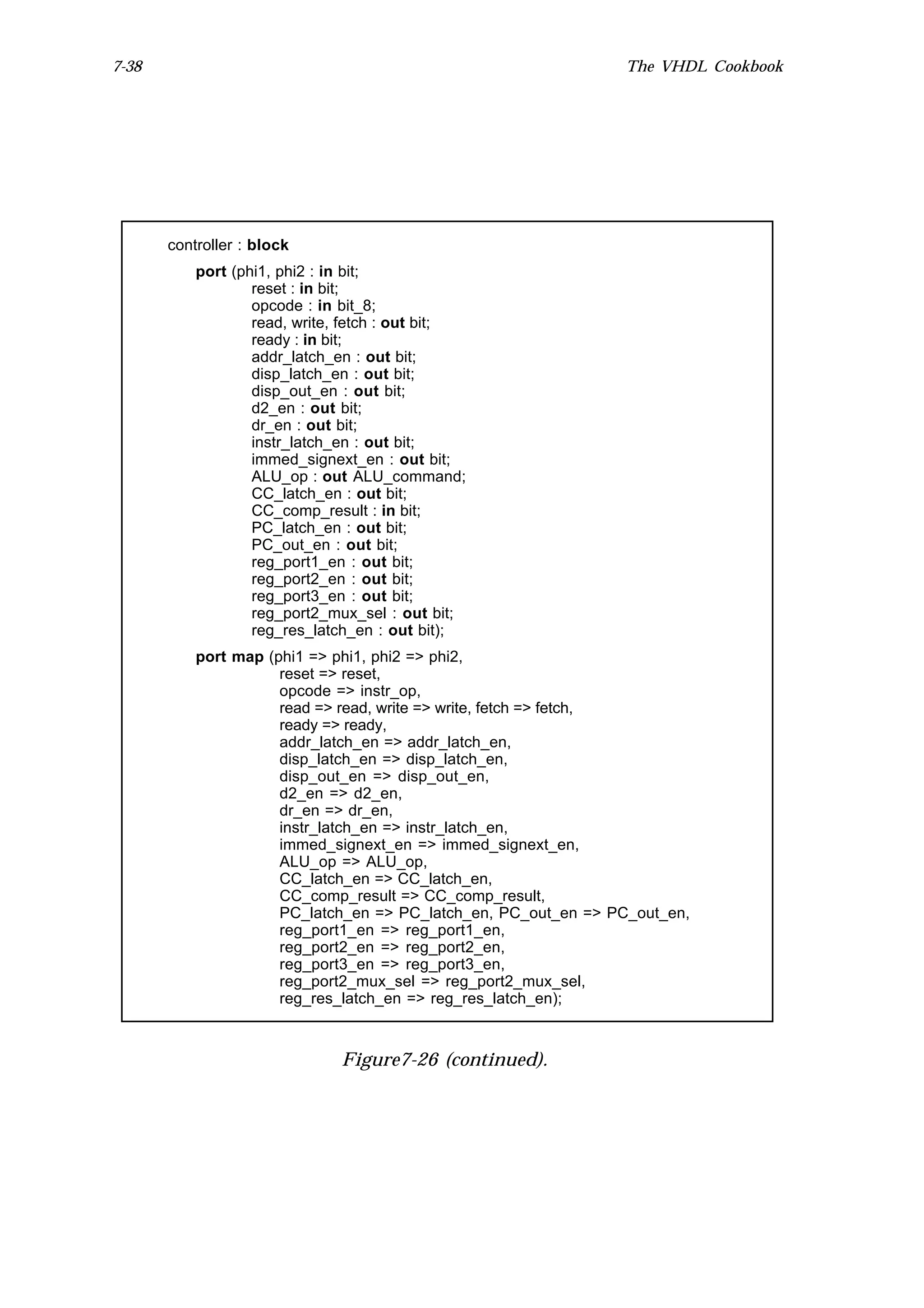7-38                                                            The VHDL Cookbook




       controller : block
           port (phi1, phi2 : in bit;
                   reset : in bit;
                   opcode : in bit_8;
                   read, write, fetch : out bit;
                   ready : in bit;
                   addr_latch_en : out bit;
                   disp_latch_en : out bit;
                   disp_out_en : out bit;
                   d2_en : out bit;
                   dr_en : out bit;
                   instr_latch_en : out bit;
                   immed_signext_en : out bit;
                   ALU_op : out ALU_command;
                   CC_latch_en : out bit;
                   CC_comp_result : in bit;
                   PC_latch_en : out bit;
                   PC_out_en : out bit;
                   reg_port1_en : out bit;
                   reg_port2_en : out bit;
                   reg_port3_en : out bit;
                   reg_port2_mux_sel : out bit;
                   reg_res_latch_en : out bit);
           port map (phi1 => phi1, phi2 => phi2,
                      reset => reset,
                      opcode => instr_op,
                      read => read, write => write, fetch => fetch,
                      ready => ready,
                      addr_latch_en => addr_latch_en,
                      disp_latch_en => disp_latch_en,
                      disp_out_en => disp_out_en,
                      d2_en => d2_en,
                      dr_en => dr_en,
                      instr_latch_en => instr_latch_en,
                      immed_signext_en => immed_signext_en,
                      ALU_op => ALU_op,
                      CC_latch_en => CC_latch_en,
                      CC_comp_result => CC_comp_result,
                      PC_latch_en => PC_latch_en, PC_out_en => PC_out_en,
                      reg_port1_en => reg_port1_en,
                      reg_port2_en => reg_port2_en,
                      reg_port3_en => reg_port3_en,
                      reg_port2_mux_sel => reg_port2_mux_sel,
                      reg_res_latch_en => reg_res_latch_en);



                              Figure7-26 (continued).
 