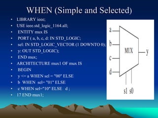 WHEN (Simple and Selected)
• LIBRARY ieee;
• USE ieee.std_logic_1164.all;
• ENTITY mux IS
• PORT ( a, b, c, d: IN STD_LOGIC;
• sel: IN STD_LOGIC_VECTOR (1 DOWNTO 0);
• y: OUT STD_LOGIC);
• END mux;
• ARCHITECTURE mux1 OF mux IS
• BEGIN
• y <= a WHEN sel = "00" ELSE
• b WHEN sel= "01" ELSE
• c WHEN sel="10" ELSE d ;
• 17 END mux1;
 