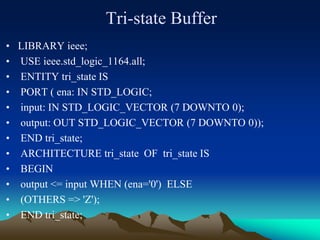 Tri-state Buffer
• LIBRARY ieee;
• USE ieee.std_logic_1164.all;
• ENTITY tri_state IS
• PORT ( ena: IN STD_LOGIC;
• input: IN STD_LOGIC_VECTOR (7 DOWNTO 0);
• output: OUT STD_LOGIC_VECTOR (7 DOWNTO 0));
• END tri_state;
• ARCHITECTURE tri_state OF tri_state IS
• BEGIN
• output <= input WHEN (ena='0') ELSE
• (OTHERS => 'Z');
• END tri_state;
 