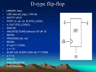 D-type flip-flop
• LIBRARY ieee;
• USE ieee.std_logic_1164.all;
• ENTITY dff IS
• PORT (d, clk, rst: IN STD_LOGIC;
• q: OUT STD_LOGIC);
• END dff;
• ARCHITECTURE behavior OF dff IS
• BEGIN
• PROCESS (clk, rst)
• BEGIN
• IF (rst='1') THEN
• q <= '0';
• ELSIF (clk‘ EVENT AND clk='1') THEN
• q <= d;
• END IF;
• END PROCESS;
• END behavior;
 