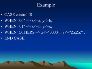 Example
• CASE control IS
• WHEN "00" => x<=a; y<=b;
• WHEN "01" => x<=b; y<=c;
• WHEN OTHERS => x<="0000"; y<="ZZZZ“ ;
• END CASE;
 