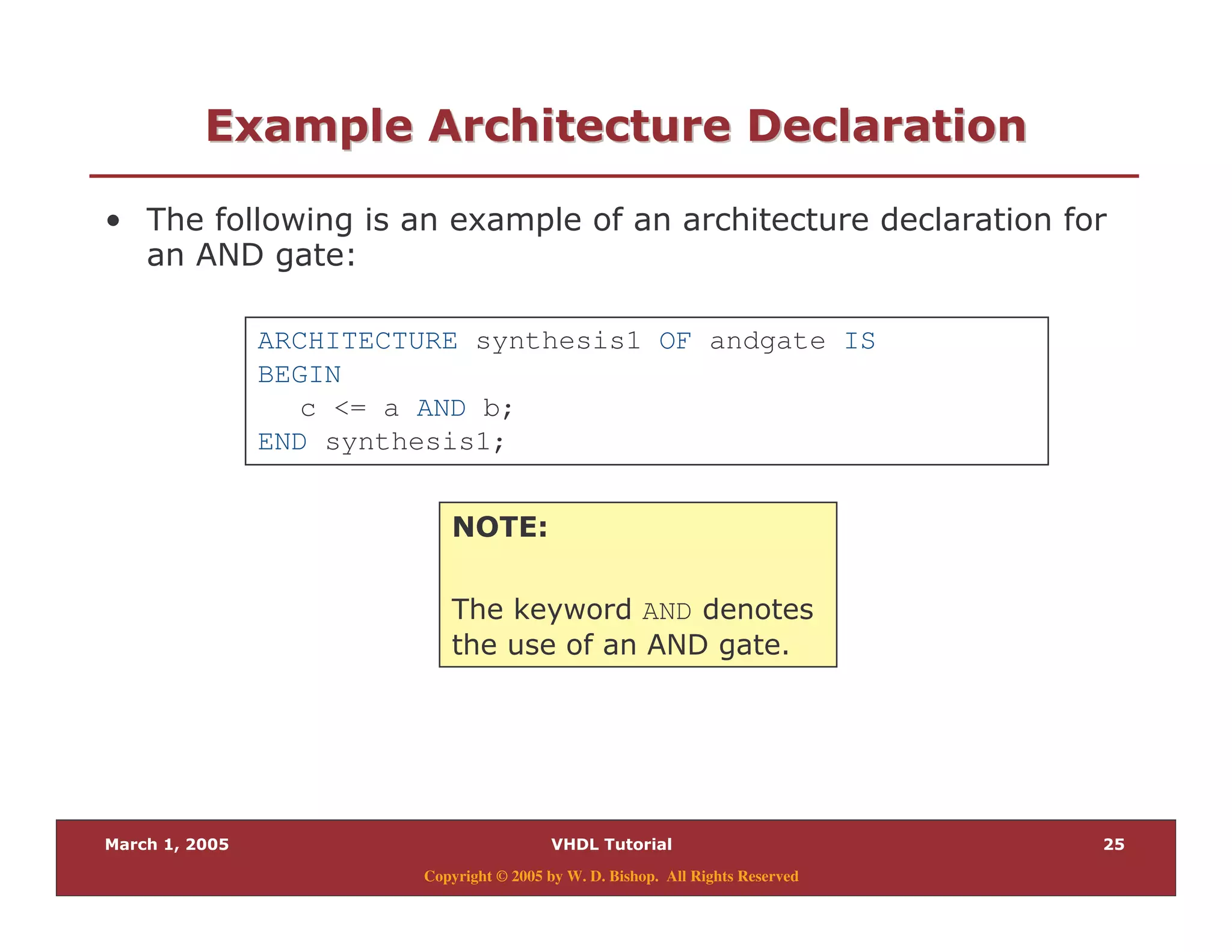 Copyright © 2005 by W. D. Bishop. All Rights Reserved
28 7 "28 7 "
% & /
.< $
ARCHITECTURE synthesis1 OF andgate IS
BEGIN
c <= a AND b;
END synthesis1;
4! 2<
, & AND
.< "
 