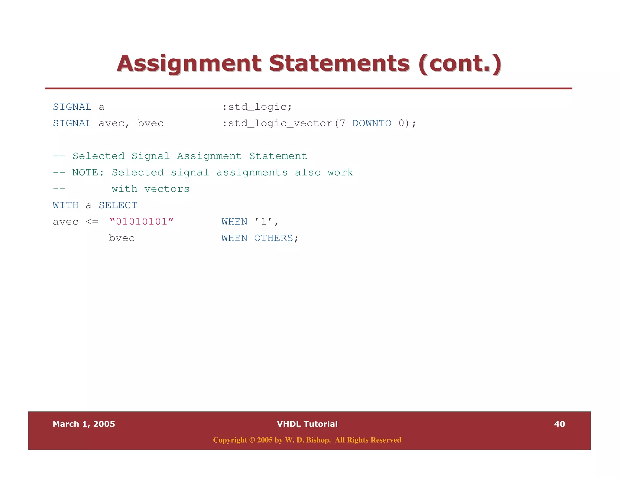 9
Copyright © 2005 by W. D. Bishop. All Rights Reserved
7 ," " 0 " $ " %7 ," " 0 " $ " %
SIGNAL a :std_logic;
SIGNAL avec, bvec :std_logic_vector(7 DOWNTO 0);
-- Selected Signal Assignment Statement
-- NOTE: Selected signal assignments also work
-- with vectors
WITH a SELECT
avec <= “01010101” WHEN ’1’,
bvec WHEN OTHERS;
 