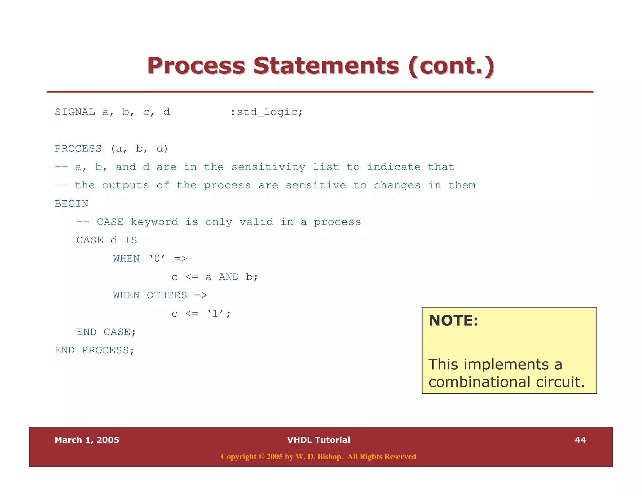 99
Copyright © 2005 by W. D. Bishop. All Rights Reserved
6 0 " $ " %6 0 " $ " %
SIGNAL a, b, c, d :std_logic;
PROCESS (a, b, d)
-- a, b, and d are in the sensitivity list to indicate that
-- the outputs of the process are sensitive to changes in them
BEGIN
-- CASE keyword is only valid in a process
CASE d IS
WHEN ‘0’ =>
c <= a AND b;
WHEN OTHERS =>
c <= ‘1’;
END CASE;
END PROCESS;
4! 2<
"
 