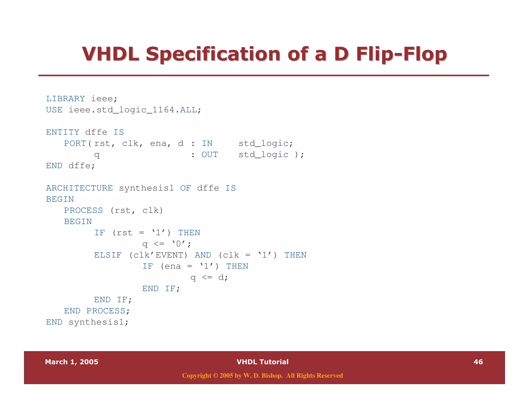 9(
Copyright © 2005 by W. D. Bishop. All Rights Reserved
0 * " * :0 * " * : 33::
LIBRARY ieee;
USE ieee.std_logic_1164.ALL;
ENTITY dffe IS
PORT( rst, clk, ena, d : IN std_logic;
q : OUT std_logic );
END dffe;
ARCHITECTURE synthesis1 OF dffe IS
BEGIN
PROCESS (rst, clk)
BEGIN
IF (rst = ‘1’) THEN
q <= ‘0’;
ELSIF (clk’EVENT) AND (clk = ‘1’) THEN
IF (ena = ‘1’) THEN
q <= d;
END IF;
END IF;
END PROCESS;
END synthesis1;
 
