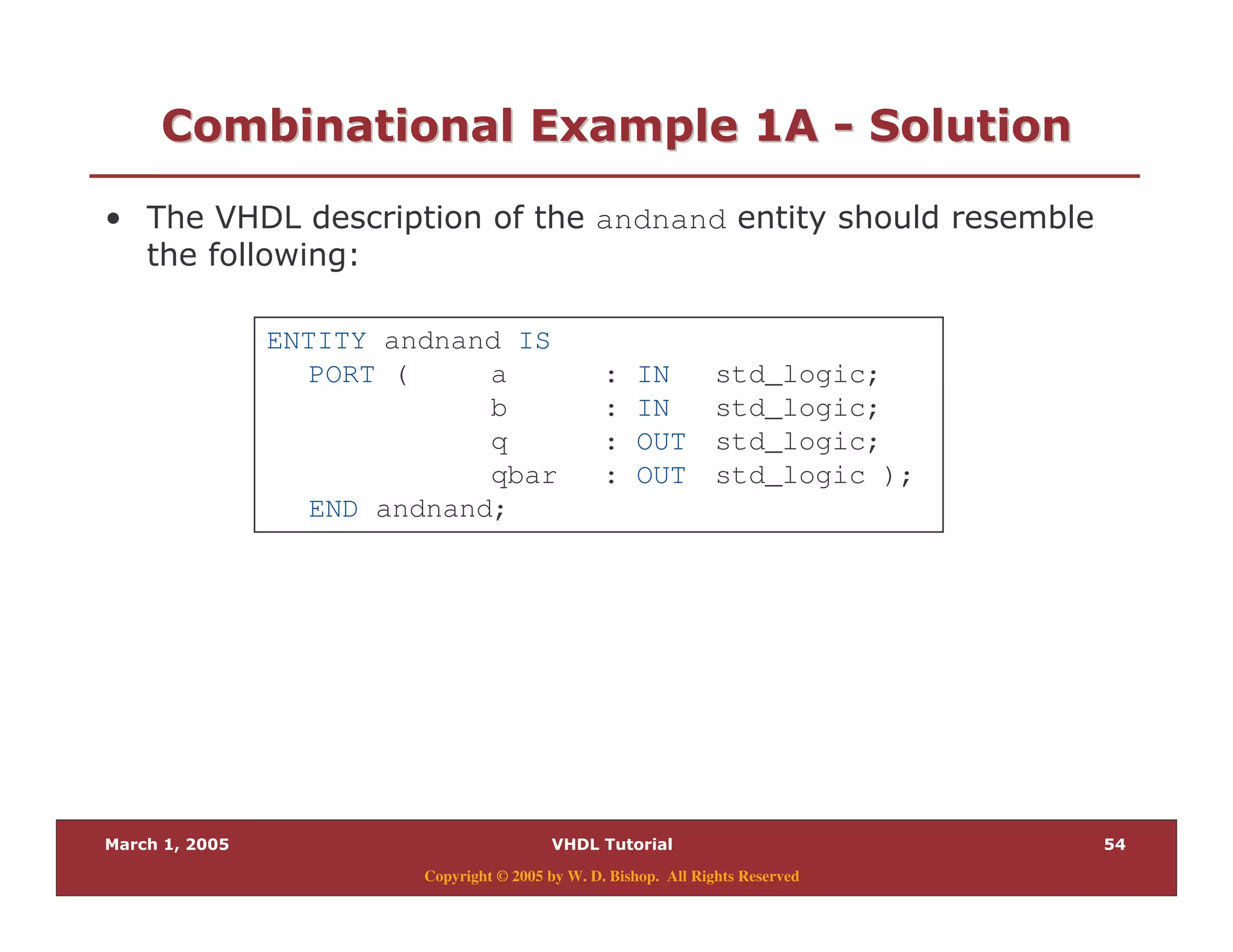 9
Copyright © 2005 by W. D. Bishop. All Rights Reserved
/ " " 28 7/ " " 28 7 33 0 "0 "
% andnand
& $
ENTITY andnand IS
PORT ( a : IN std_logic;
b : IN std_logic;
q : OUT std_logic;
qbar : OUT std_logic );
END andnand;
 
