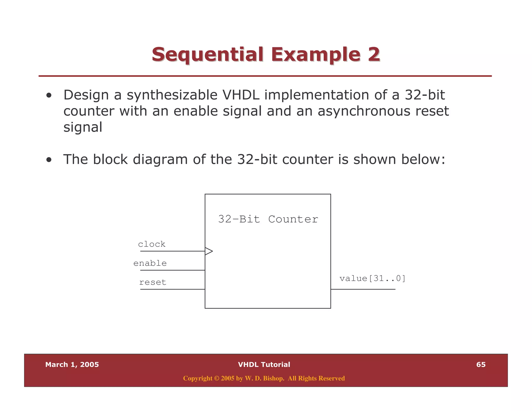 (
Copyright © 2005 by W. D. Bishop. All Rights Reserved
0 = " 280 = " 28
% ) :;9
&
% , :;9 & &$
32-Bit Counter
value[31..0]reset
enable
clock
 
