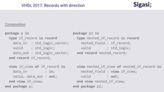 package p2 is
type nested_if_record is record
nested_field : if_record;
valid : std_logic;
end record nested_record;
view nested_if_view of nested_if_record is
nested_field : view if_view;
valid : out;
end view nested_if_view;
end package p2;
VHDL 2017: Records with direction
Composition
package p is
type if_record is record
data_in : std_logic_vector;
valid : std_logic;
data_out : std_logic_vector;
end record if_record;
view if_view of if_record is
data_in : in;
valid, data_out : out;
end view if_view;
end package p;
 