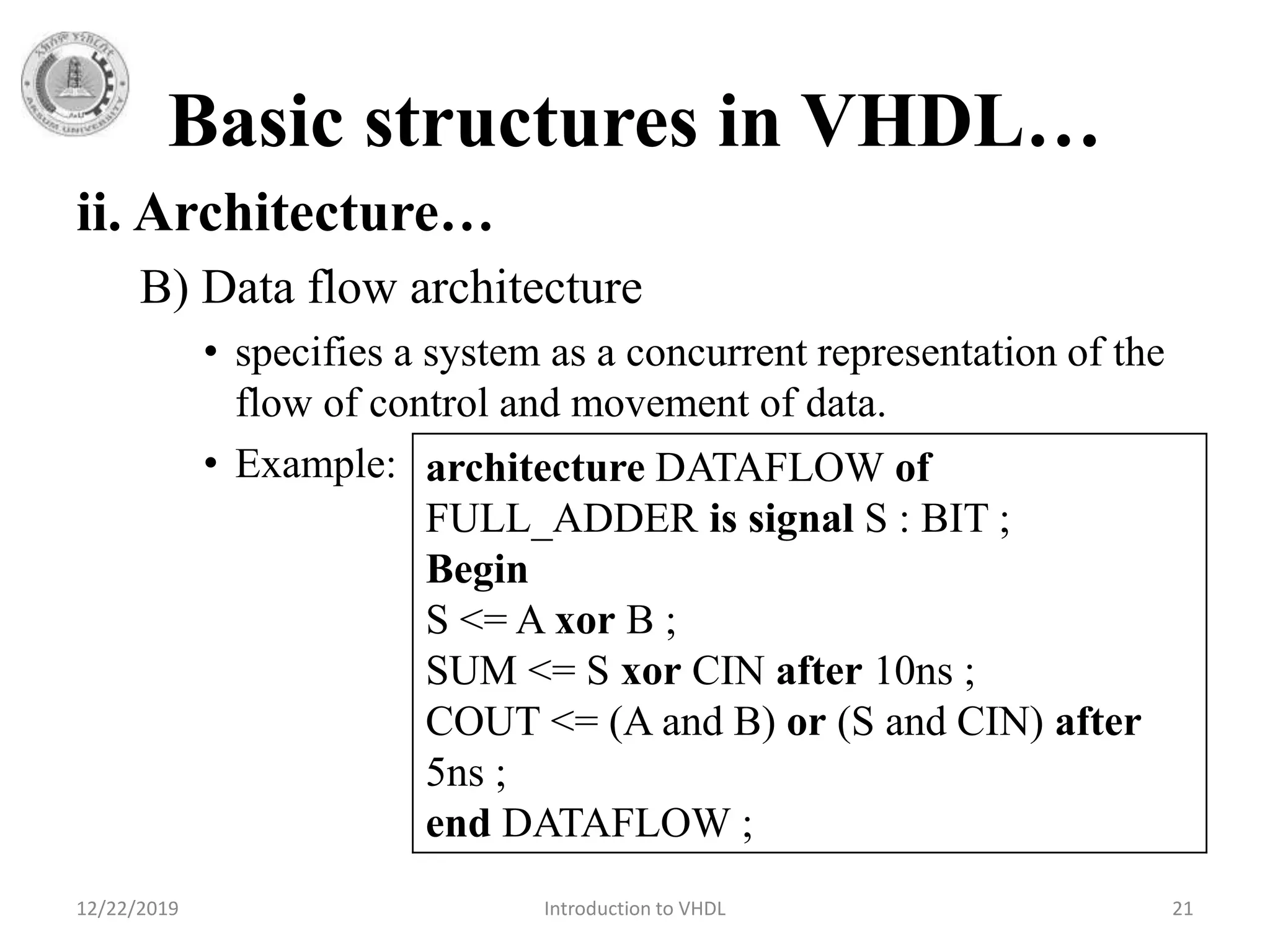 Basic structures in VHDL…
ii. Architecture…
B) Data flow architecture
• specifies a system as a concurrent representation of the
flow of control and movement of data.
• Example:
12/22/2019 Introduction to VHDL 21
architecture DATAFLOW of
FULL_ADDER is signal S : BIT ;
Begin
S <= A xor B ;
SUM <= S xor CIN after 10ns ;
COUT <= (A and B) or (S and CIN) after
5ns ;
end DATAFLOW ;
 