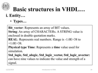 Basic structures in VHDL…
12/22/2019 Introduction to VHDL 14
i. Entity…
• Types…
Bit_vector: Represents an array of BIT values.
String: An array of CHARACTERs. A STRING value is
enclosed in double quotation marks.
REAL: Represents real numbers. Range is -1.0E+38 to
+1.0E+38.
Physical type Time: Represents a time value used for
simulation.
Std_logic, Std_ulogic, Std_logic_vector, Std_logic_uvector:
can have nine values to indicate the value and strength of a
signal.
 