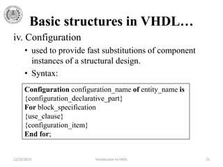 Basic structures in VHDL…
iv. Configuration
• used to provide fast substitutions of component
instances of a structural design.
• Syntax:
12/22/2019 Introduction to VHDL 25
Configuration configuration_name of entity_name is
{configuration_declarative_part}
For block_specification
{use_clause}
{configuration_item}
End for;
 