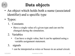 Data objects
• An object which holds both a name (associated
identifier) and a specific type
• Types:
1. Constants
• Have a single value of a given type and can not be
changed during the simulation.
2. Variables
• Can have a single value, but it can be updated using a
variable assignment statement.
3. signals
• can be interpreted as wires or busses in an actual circuit.
12/22/2019 Introduction to VHDL 29
 