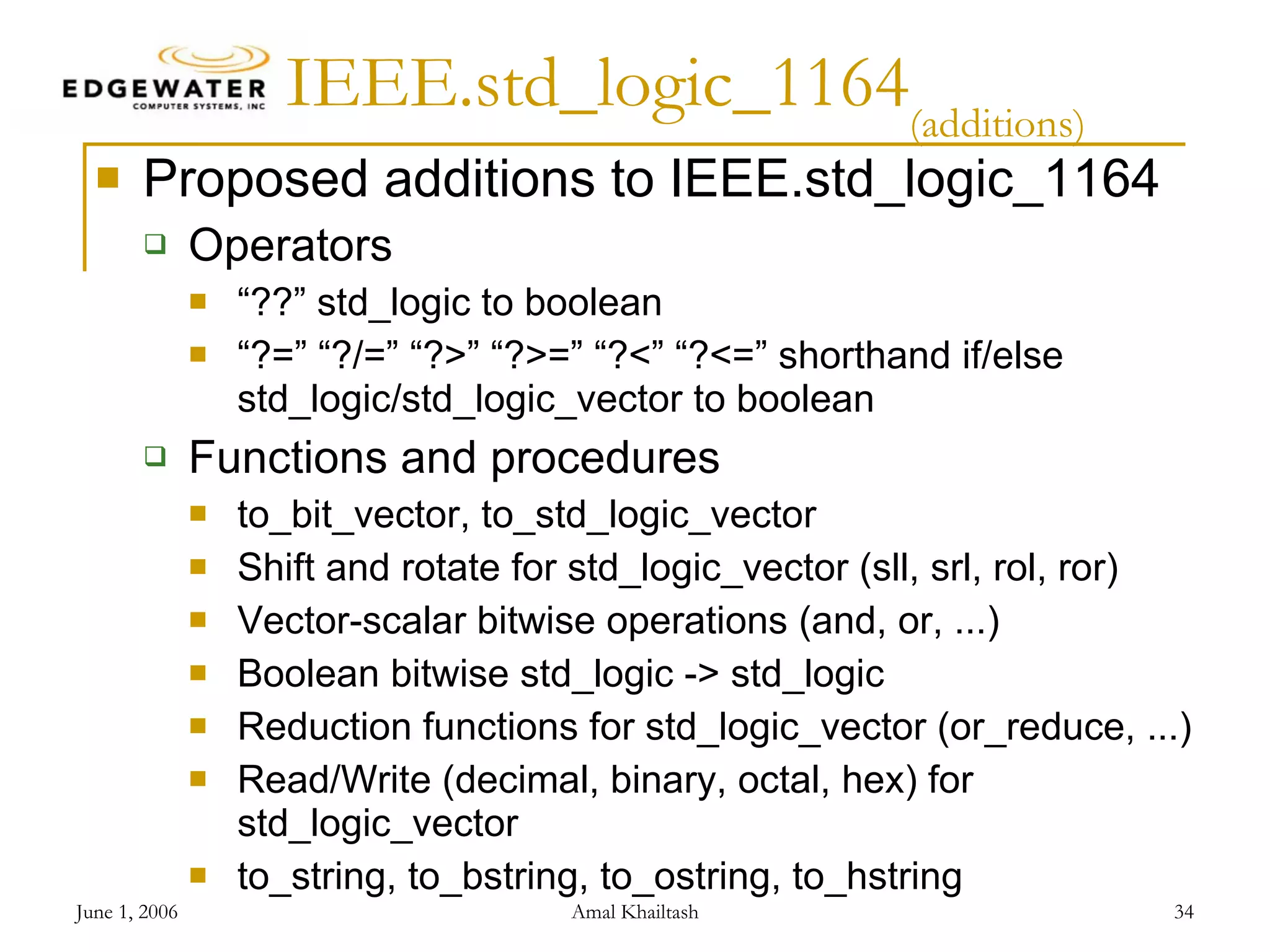 IEEE.std_logic_1164 (additions) Proposed additions to IEEE.std_logic_1164 Operators “??” std_logic to boolean “?=” “?/=” “?>” “?>=” “?<” “?<=” shorthand if/else std_logic/std_logic_vector to boolean Functions and procedures to_bit_vector, to_std_logic_vector Shift and rotate for std_logic_vector (sll, srl, rol, ror) Vector-scalar bitwise operations (and, or, ...) Boolean bitwise std_logic -> std_logic Reduction functions for std_logic_vector (or_reduce, ...) Read/Write (decimal, binary, octal, hex) for std_logic_vector to_string, to_bstring, to_ostring, to_hstring 