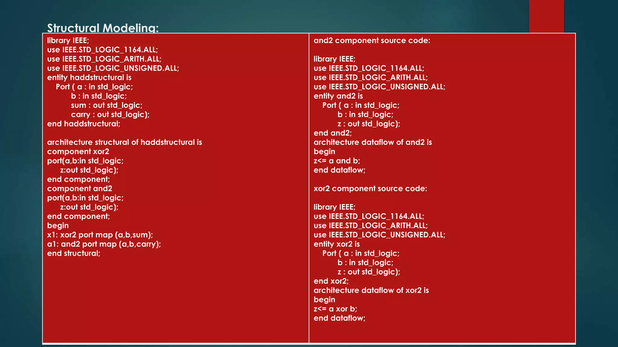 Structural Modeling:
library IEEE;
use IEEE.STD_LOGIC_1164.ALL;
use IEEE.STD_LOGIC_ARITH.ALL;
use IEEE.STD_LOGIC_UNSIGNED.ALL;
entity haddstructural is
Port ( a : in std_logic;
b : in std_logic;
sum : out std_logic;
carry : out std_logic);
end haddstructural;
architecture structural of haddstructural is
component xor2
port(a,b:in std_logic;
z:out std_logic);
end component;
component and2
port(a,b:in std_logic;
z:out std_logic);
end component;
begin
x1: xor2 port map (a,b,sum);
a1: and2 port map (a,b,carry);
end structural;
and2 component source code:
library IEEE;
use IEEE.STD_LOGIC_1164.ALL;
use IEEE.STD_LOGIC_ARITH.ALL;
use IEEE.STD_LOGIC_UNSIGNED.ALL;
entity and2 is
Port ( a : in std_logic;
b : in std_logic;
z : out std_logic);
end and2;
architecture dataflow of and2 is
begin
z<= a and b;
end dataflow;
xor2 component source code:
library IEEE;
use IEEE.STD_LOGIC_1164.ALL;
use IEEE.STD_LOGIC_ARITH.ALL;
use IEEE.STD_LOGIC_UNSIGNED.ALL;
entity xor2 is
Port ( a : in std_logic;
b : in std_logic;
z : out std_logic);
end xor2;
architecture dataflow of xor2 is
begin
z<= a xor b;
end dataflow;
 