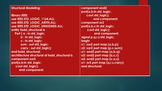 Structural Modeling:
library IEEE;
use IEEE.STD_LOGIC_1164.ALL;
use IEEE.STD_LOGIC_ARITH.ALL;
use IEEE.STD_LOGIC_UNSIGNED.ALL;
entity fadd_structural is
Port ( a : in std_logic;
b : in std_logic;
c : in std_logic;
sum : out std_logic;
carry : out std_logic);
end fadd_structural;
architecture structural of fadd_structural is
component xor2
port(a,b:in std_logic;
z:out std_logic);
end component;
component and2
port(a,b:in std_logic;
z:out std_logic);
end component;
component or3
port(a,b,c:in std_logic;
z:out std_logic);
end component;
signal p,q,r,s:std_logic;
begin
x1: xor2 port map (a,b,p);
x2: xor2 port map (p,c,sum);
a1: and2 port map (a,b,q);
a2: and2 port map (b,c,r);
a3: and2 port map (c,a,s);
o1: or3 port map (q,r,s,carry);
end structural;
 