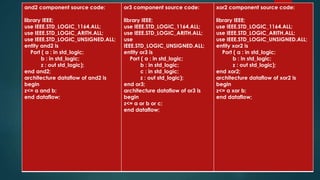 and2 component source code:
library IEEE;
use IEEE.STD_LOGIC_1164.ALL;
use IEEE.STD_LOGIC_ARITH.ALL;
use IEEE.STD_LOGIC_UNSIGNED.ALL;
entity and2 is
Port ( a : in std_logic;
b : in std_logic;
z : out std_logic);
end and2;
architecture dataflow of and2 is
begin
z<= a and b;
end dataflow;
or3 component source code:
library IEEE;
use IEEE.STD_LOGIC_1164.ALL;
use IEEE.STD_LOGIC_ARITH.ALL;
use
IEEE.STD_LOGIC_UNSIGNED.ALL;
entity or3 is
Port ( a : in std_logic;
b : in std_logic;
c : in std_logic;
z : out std_logic);
end or3;
architecture dataflow of or3 is
begin
z<= a or b or c;
end dataflow;
xor2 component source code:
library IEEE;
use IEEE.STD_LOGIC_1164.ALL;
use IEEE.STD_LOGIC_ARITH.ALL;
use IEEE.STD_LOGIC_UNSIGNED.ALL;
entity xor2 is
Port ( a : in std_logic;
b : in std_logic;
z : out std_logic);
end xor2;
architecture dataflow of xor2 is
begin
z<= a xor b;
end dataflow;
 