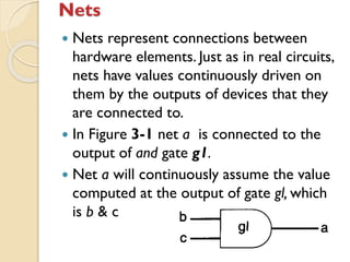Nets
 Nets represent connections between
hardware elements. Just as in real circuits,
nets have values continuously driven on
them by the outputs of devices that they
are connected to.
 In Figure 3-1 net a is connected to the
output of and gate g1.
 Net a will continuously assume the value
computed at the output of gate gl, which
is b & c
 