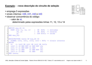VHDL Descrição e Síntese de Circuitos Digitais Roberto d’Amore ISBN 85-216-1452-7 Editora LTC www.ltceditora.com.br Imagens curso rápido revisão 3.1 32
Exemplo: - nova descrição do circuito de seleção
• emprega 5 expressões
• sinais internos: int0, int1, int2 e int3
• observar concorrência do código:
- valor de ot,
determinado pelas expressões linhas 11, 12, 13 e 14
1
2
3
4
5
6
7
8
9
10
11
12
13
14
15
ENTITY mux_00 IS
PORT (i0, i1, i2, i3 : IN BIT; -- entradas
s0, s1 : IN BIT; -- selecao
ot : OUT BIT); -- saida
END mux_00;
ARCHITECTURE teste OF mux_00 IS
SIGNAL int0, int1, int2, int3 : BIT; -- sinais internos
BEGIN
ot <= int0 OR int1 OR int2 OR int3;
int0 <= i0 AND NOT s1 AND NOT s0;
int1 <= i1 AND NOT s1 AND s0;
int2 <= i2 AND s1 AND NOT s0;
int3 <= i3 AND s1 AND s0;
END teste;
i0
i1
i2
i3
s0
s1
ot
4 / 1
i3
i2
i1
i0
s1 s0
0 0
0 1
1 0
1 1
ot
 