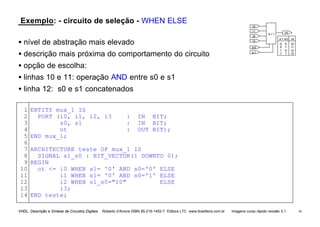 VHDL Descrição e Síntese de Circuitos Digitais Roberto d’Amore ISBN 85-216-1452-7 Editora LTC www.ltceditora.com.br Imagens curso rápido revisão 3.1 34
Exemplo: - circuito de seleção - WHEN ELSE
• nível de abstração mais elevado
• descrição mais próxima do comportamento do circuito
• opção de escolha:
• linhas 10 e 11: operação AND entre s0 e s1
• linha 12: s0 e s1 concatenados
1
2
3
4
5
6
7
8
9
10
11
12
13
14
ENTITY mux_1 IS
PORT (i0, i1, i2, i3 : IN BIT;
s0, s1 : IN BIT;
ot : OUT BIT);
END mux_1;
ARCHITECTURE teste OF mux_1 IS
SIGNAL s1_s0 : BIT_VECTOR(1 DOWNTO 0);
BEGIN
ot <= i0 WHEN s1= '0' AND s0='0' ELSE
i1 WHEN s1= '0' AND s0='1' ELSE
i2 WHEN s1_s0="10" ELSE
i3;
END teste;
i0
i1
i2
i3
s0
s1
ot
4 / 1
i3
i2
i1
i0
s1 s0
0 0
0 1
1 0
1 1
ot
 