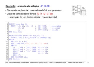 VHDL Descrição e Síntese de Circuitos Digitais Roberto d’Amore ISBN 85-216-1452-7 Editora LTC www.ltceditora.com.br Imagens curso rápido revisão 3.1 42
Exemplo: - circuito de seleção - IF ELSE
• Comando seqüencial: necessário definir um processo
• Lista de sensibilidade: sinais i0 i1 i2 i3 sel
- remoção de um destes sinais: conseqüência?
1
2
3
4
5
6
7
8
9
10
11
12
13
14
15
16
17
18
19
ENTITY mux_4aa IS
PORT (i0, i1, i2, i3 : IN BIT; -- entradas
s0, s1 : IN BIT; -- selecao
ot : OUT BIT); -- saida
END mux_4aa;
ARCHITECTURE teste OF mux_4aa IS
SIGNAL sel : BIT_VECTOR (1 DOWNTO 0);
BEGIN
sel <= s1 & s0;
abc: PROCESS (i0, i1, i2, i3, sel)
BEGIN
IF sel = "00" THEN ot <= i0;
ELSIF sel = "01" THEN ot <= i1;
ELSIF sel = "10" THEN ot <= i2;
ELSE ot <= i3;
END IF;
END PROCESS abc;
END teste;
i0
i1
i2
i3
s0
s1
ot
4 / 1
i3
i2
i1
i0
s1 s0
0 0
0 1
1 0
1 1
ot
 