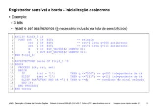 VHDL Descrição e Síntese de Circuitos Digitais Roberto d’Amore ISBN 85-216-1452-7 Editora LTC www.ltceditora.com.br Imagens curso rápido revisão 3.1 53
Registrador sensível a borda - inicialização assíncrona
• Exemplo:
- 3 bits
- reset e set assíncronos (é necessário inclusão na lista de sensibilidade)
1
2
3
4
5
6
7
8
9
10
11
12
13
14
15
16
17
18
ENTITY flip3_3 IS
PORT (ck : IN BIT; -- relogio
rst : IN BIT; -- rst=1 leva q=000 assincrono
set : IN BIT; -- set=1 leva q=111 assincrono
d : IN BIT_VECTOR(2 DOWNTO 0);
q : OUT BIT_VECTOR(2 DOWNTO 0));
END flip3_3;
ARCHITECTURE teste OF flip3_3 IS
BEGIN
PROCESS (ck, rst, set)
BEGIN
IF (rst = '1') THEN q <="000"; -- q=000 independente de ck
ELSIF (set = '1') THEN q <="111"; -- q=111 independente de ck
ELSIF (ck'EVENT AND ck ='1') THEN q <=d; -- condicao do sinal relogio
END IF;
END PROCESS;
END teste;
 
