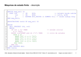 VHDL Descrição e Síntese de Circuitos Digitais Roberto d’Amore ISBN 85-216-1452-7 Editora LTC www.ltceditora.com.br Imagens curso rápido revisão 3.1 57
Máquinas de estado finito - descrição
1
2
3
4
5
6
7
8
9
10
11
12
13
14
15
16
17
18
19
20
21
22
23
ENTITY maq_est1 IS
PORT (ck : IN BIT; -- relogio borda subida
rst : IN BIT; -- rst=1, q=00
q : BUFFER BIT_VECTOR (1 DOWNTO 0)); -- saida codigo Gray
END maq_est1;
ARCHITECTURE teste OF maq_est1 IS
BEGIN
abc: PROCESS (ck, rst)
BEGIN
IF rst = '1' THEN -- estado inicial
q <= "00";
ELSIF (ck'EVENT and ck ='1') THEN -- ciclo de estados
CASE q IS
WHEN "00" => q <= "01";
WHEN "01" => q <= "11";
WHEN "11" => q <= "10";
WHEN "10" => q <= "00";
END CASE;
END IF;
END PROCESS abc;
END teste;
 